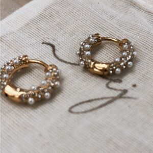 Gold and White Pearl Hoop Earrings with Intricate Design